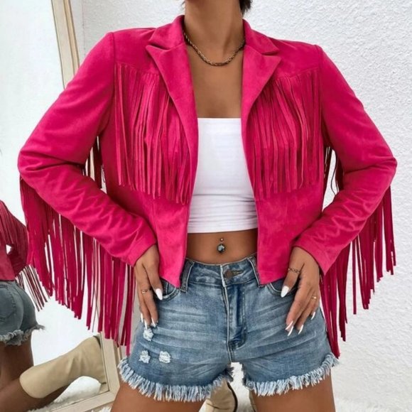 MODA ME COUTURE Jackets & Blazers - Hot Pink Fringe Trim detailed long sleeve Open Front Jacket